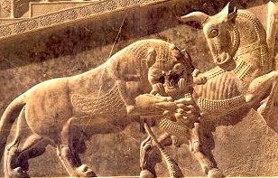 The lion and the bull as depicted on the triangular sides of the great staircases of the Apadana